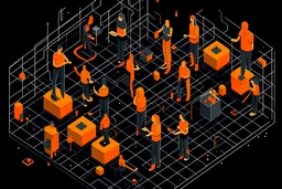 innovation - solarpunk illustration - people celebrating, isometric, orange elements, black background, happy people