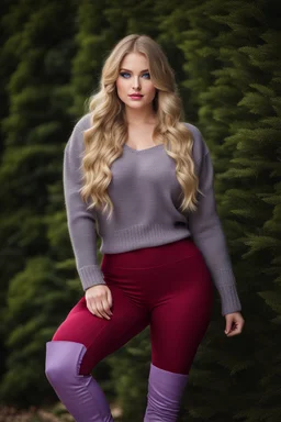 beautiful 18 year old girl with ash blonde hair and blue eyes with her curvy hair down, wearing a long-sleeved woollen top, and lilac long leggings, with long red boots full body shot