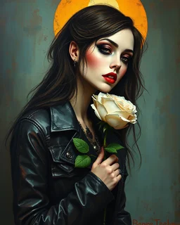 painting of a woman gothic style make up and leather jacket holding a white rose , surrealist painting, surrealist artwork, emotional bsurrealist art, abstract surrealist, a surrealist painting, surrealist art , abstract surrealism, abstract surrealism masterpiece, surreal painting, contemporary surrealism, magically shaped surrealism