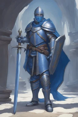 Knight wearing blue armor and blue cape with blue face mask, holding a sword and shield