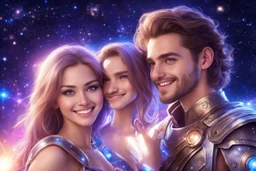 very beautiful women with a little smile, with his boyfriend that is a sweety strong cosmic warrior in peace. in a background of stars and bright beam in the sky