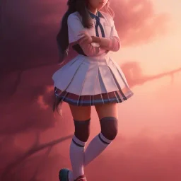 Jenna ortega with school uniform, seifuku, pleated miniskirt, overknee socks, adriana lima, painted by artgerm and tom bagshaw, fantasy art, dramatic lighting, highly detailed oil painting, volumetric lighting