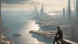 man standing on a ledge overlooking a futuristic sci-fi city bordering a sea with a sandy beach stretching off in the distance.