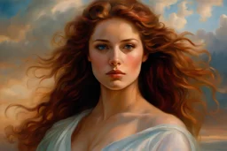 Beautiful pulchritude Alexandra Tyler Abercrombie 18 years old as Aphrodite sensual perfect face, auburn hair, robes half on one shoulder, standing in ancient Rome, in the style of walter rane and steve hanks, soft pastel colors surrounded by clouds, painterly, soft, lucious, soft colors,soft textures