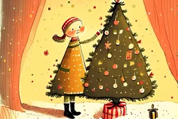 Christmas illustration, children book style, whimsical, warm colors, grainy texture, subject: decorating the christmas tree