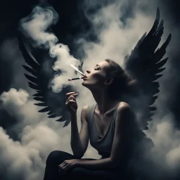 woman sitting forward Her face upward and blows cigarette smoke from their mouth upward. a figure with wings emerging from its back. behind the clouds of smoke look death. dark and mysterious