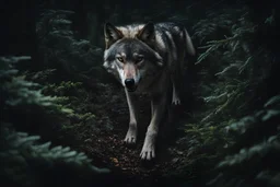 view from above. in the semi-darkness of the forest a wolf moves towards the viewer. His eyes glow in the dark. The wolf is wounded, his stomach is ripped open. Guts fall out. There are many trees and dense bushes around.