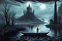 on the dark river in a boat the crepy boatman is the death goes for the souls of the dead people, surreal style, dark colors, strange landscape, detailed, sinister, depressive, surreal style crepy stunning