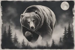 A mythical abstract style of tattoo art depicting a strong, noble bear running in a misty forest with a moon overhead. Make it very abstract.