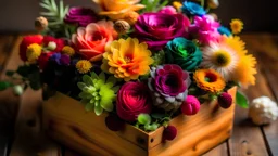 wooden box of colorful flowers