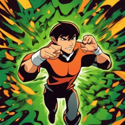 A digitally illustrated image of Ben 10, the famous cartoon character, in an action-packed scene with vibrant colors and dynamic poses to bring out his superpowers and adventurous spirit.energy and beauty of this moment.