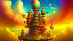 digital painting, A fantastical, surreal landscape with a large, ornate, multi-colored tower structure in the center. The tower has intricate architectural details and patterns, with a spherical dome at the top. The background features floating islands, clouds, and a bright, colorful sky. The overall scene has a dreamlike, imaginative quality, bold and slim lines, brush strokes