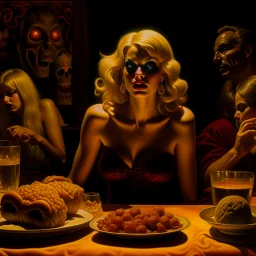 Spooky, ultra realistic distress, dining, ultra realistic hot woman, giant siuvu, details accentuated, splimapys, very hypnotic, organic hot blondes, dynamic, anguish, excited and lively scene, hypermaximalist figures, insanely detailed, sinister, Dario Argento, ornate