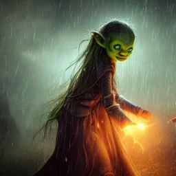 Beautiful, glowing , goblin, princess, very detailed, cinematic view,in rain,wet,torn clothes, unreal engine