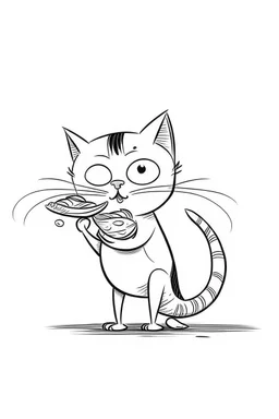 cartoon cat eating a fish. simple thin crisp lines. kids. no shading. no color