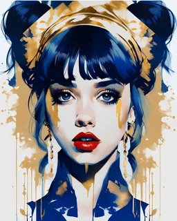 Poster in two gradually, a one side the Singer Danish MØ face and other side the Singer Melanie Martinez face, symmetry, painting by Yoji Shinkawa, darkblue and gold tones,