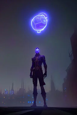 a city at night with a dark elf wizard holding glowing orb