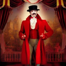 circus ringmaster, garish red coat, 1800s, chiaroscuro lighting , 8k UHD, matte painting, illustration, renaissance, artwork, high-quality, intricate detail, dark circus, night circus, creepy, rocco, greg rutowski, howard lyon, alphonse mucha