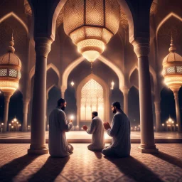 Hyper Realistic Men Praying & Ramadan Lights inside a beautiful mosque at night