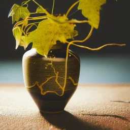 artistic photo of a tiny cracked ceramic vase repaired with gold, kintsugi, garden setting, beautiful landscape photography, beautiful, vines and leaves, delicate, cinematic, high detail, beautiful composition, delicate arrangement, aesthetic, soft lighting, award winning photography, tender