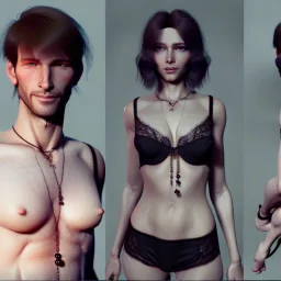 a short hair guy with a boyish face a beautiful cleavage in a lace neckline with a man's short haircut a thin waist and wide hips in bra and amulet of evil sorceress