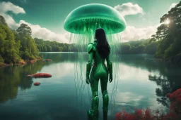 Photorealistic Photo Of A long black-haired woman in a green robot suit, Looking Out Over A Lake With jellyfish with red Tentacles, Tall Narrow Cloud Trees In The distance with an alien sky