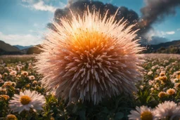 Atomic explosion, made of flowers, ULTRA REALISTIC, details, intricate detail, professional lighting, film lighting, 35mm, anamorphic, lightroom, cinematography, bokeh, lens flare, film grain, hdr10, 8k, Roger Deakins, incredibly detailed, reflect, sharpen