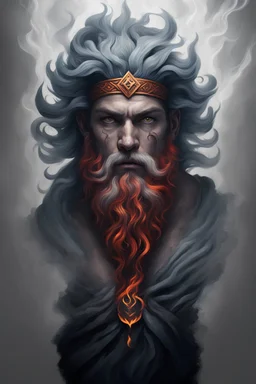 god Zeus, fiery eyes, red beard, red hair, ethnic symbols, Scandinavian signs, fire tattoo, black forest, high definition image, realistic image