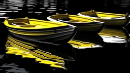 Several yellow and gray rowboats floating on a dark, reflective body of water