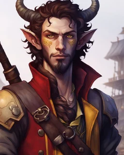 male humanoid tiefling, pirate, pale white skin, yellow eyes, soft purple lighting, small ears, short beard goatee, functional clothes, red coat