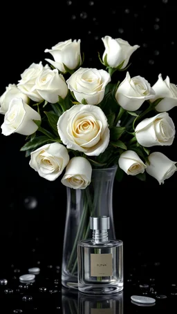 The image is a digital artwork that depicts a bouquet of 12 white roses in crystal vase , creating a wave-like effect. Beside a perfume an elegant perfume , The background is black, which makes the white rose stand out even more. Water droplets are scattered adding to the dreamy, ethereal quality of the image. The a