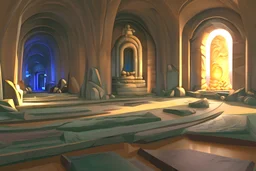 back ground distorted, large room, distorted room, A huge stone monument is placed in the center of the cave room, many stone monuments of various shapes are placed around the monument, many doors are floating in the room, transparent various colored tubes are floating