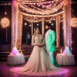 Hyper Realistic Beautiful Traditional Pakistani Couple on Valima Stage decorated with neon wedding lights at Night