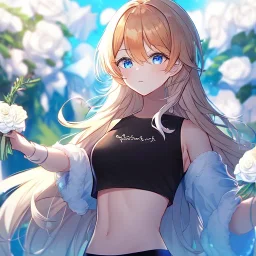 Clear focus,8k,Beatiful Lighting,Beatiful Blur,Beatiful Shading,Orange long hair,fluffy hair, long fluffy bangs, Blue eyes, wearing a crop top with a flowers near the end that are white and the main color is black, sleeveless crop top, wearing light blue cut sleeves with white flowers near the end, wearing a light yellow skirt with black long stocking on, underboob, wearing a black fingerless gloves