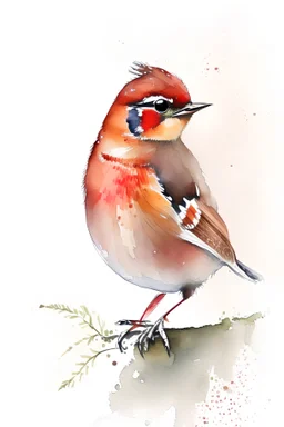 watercolor painting of a small bird. White background. Fine lines. Realistic bird. red bird.