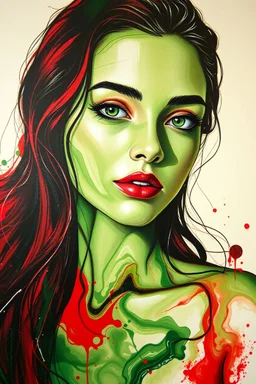 A beautiful young women painted with Liquid abstract green and red and painting,