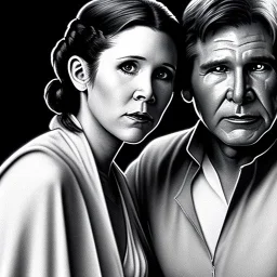 old carrie fisher embracing harrison ford in star wars, waist up portrait, photorealistic faces, intricate, masterpiece, expert, insanely detailed, 4k resolution, cinematic smooth, intricate detail , soft smooth lighting, soft pastel colors,