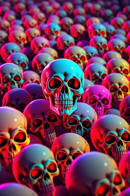 a field of 1000s of cartoonish, anatomically correct, skulls, vivid RANDOM BRIGHT neon colors, dark comedy, well lit, high detail, photorealistic, horrorcore, fun, scary, none featured, each a different color or hue,