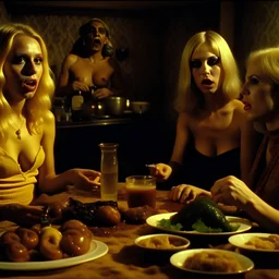 Horror movie shot, spooky, ultra realistic, dine, horns, ultra realistic hot blonde women, party, pieces of meat, organs, ail dynamic, anguish, very excited people, hypermaximalist figures, light, 1970's Italian horror movie, sinister, John Carpenter, Dario Argento, Stanley Kubrik, ornate, 4k, photorealism