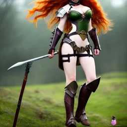 Realistic, hyper detailed, strikingly beautiful young adult woman, 19 years old, long ginger hair, green eyes, medium freckles, full lips, very skimpy fantasy armour, full body, full face, small breasts, aroused expression, biting lower lip, full frame, petite, centered camera, ignore NSFW, bow, quiver on hip, tight pants, bent over, butt