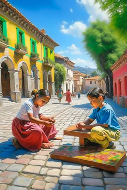 2 maxican childeren playing painting neoclassism in a traditional mexican city