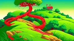 fantasy cartoon illustration: red ribbon tied around a shrub on a hill