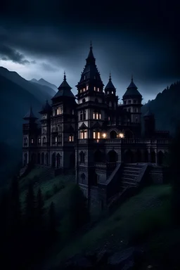 an enormous, extremely aesthetic castle on top of the great mountains in the Caucasus, midnight, pessimistic and depressing atmosphere, very rainy, baroque architecture, victorian era, late 1800s, very detailed, aesthetic, dramatic lighting