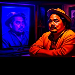 (fineart:1.5, masterpiece1.5) (realism:1.5) award winning picture of award winning fat johnny depp, fat man (watching tv:1.8), tv in frame , two panels, multiple views, well lit fluorescent lighting, warm colors
