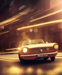 fiat 125p, city. high speed. bokeh. lens flare. warm lights. high detailed. oil on canvas