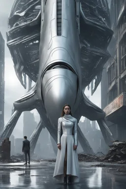 a photorealistic sleek, long, silver spaceship sitting in the street of a dystopian futuristic ruined alien city, with a woman in a silver suit, standing in front