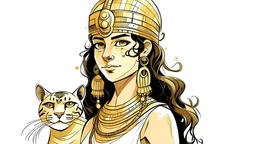 Illustrate a girl with a cat-like face and Cleopatra-style attire against a white background, using a Paleolithic art style.