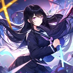 Clear focus, High resolution, Black long fluffy hair, purple eyes, wearing a sailor uniform, shattered rainbow in triagle formation,