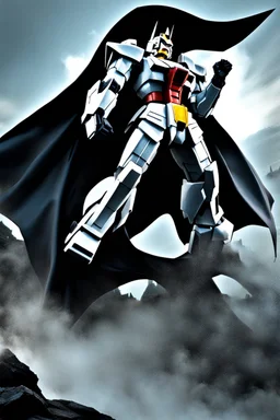 Gundam inspired by Batman. Flowing cape. Action pose. 1080p. Photograph.