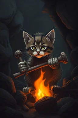 neanderthal kitten with club and cave fire